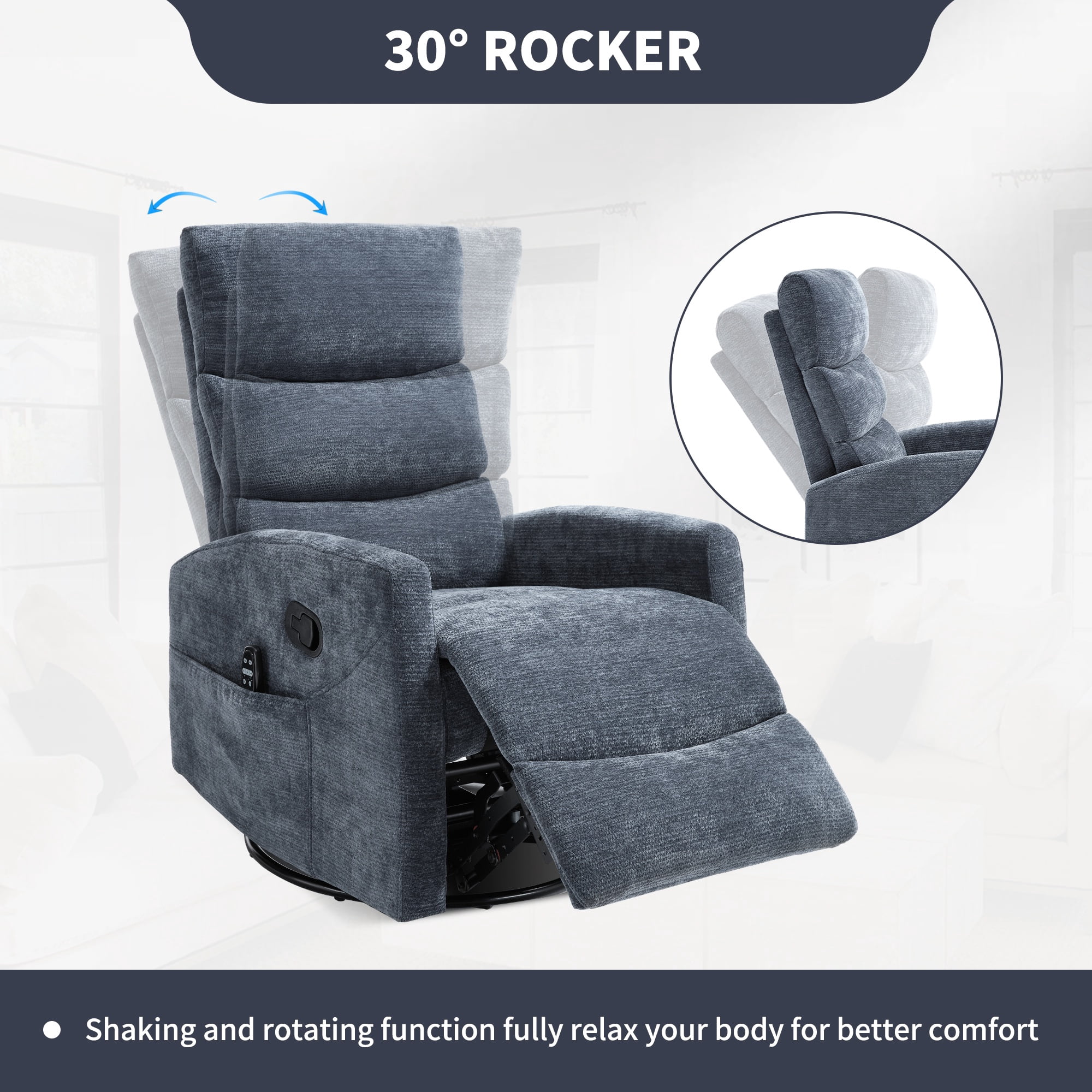 PAPROOS Rocker Recliner with Heat and Massage, Fabric 360°Swivel Rocker Recliner, Glider Rocking Chair for Nursery, Small Manual Recliner with Side Pocket for Home Theater Living Room, Blue