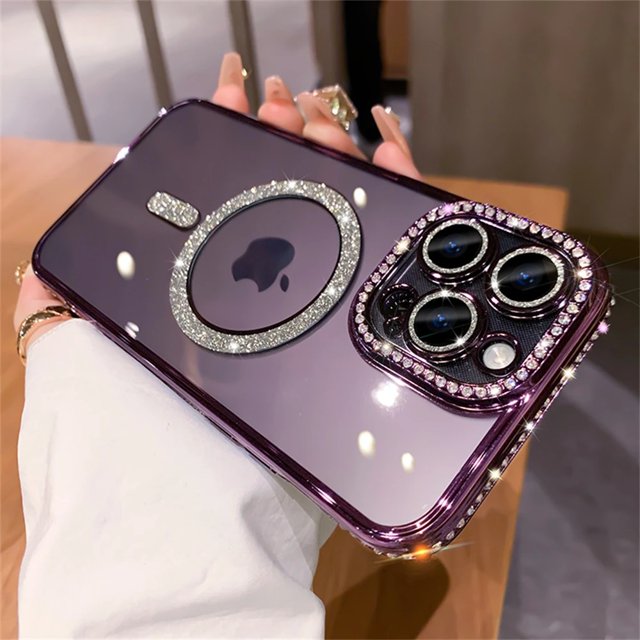 Luxury Diamond Glitter Magnetic Charging Silicone Soft Case For iPhone 15 14 13 12 Pro Max Plus