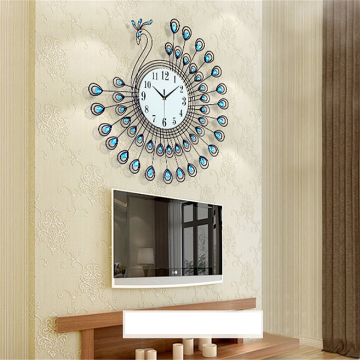 Luxury 3d Crystal Diamond Peacock Decorative Wall Clock Modern Design Quartz Watch Metal Art Decor Gift