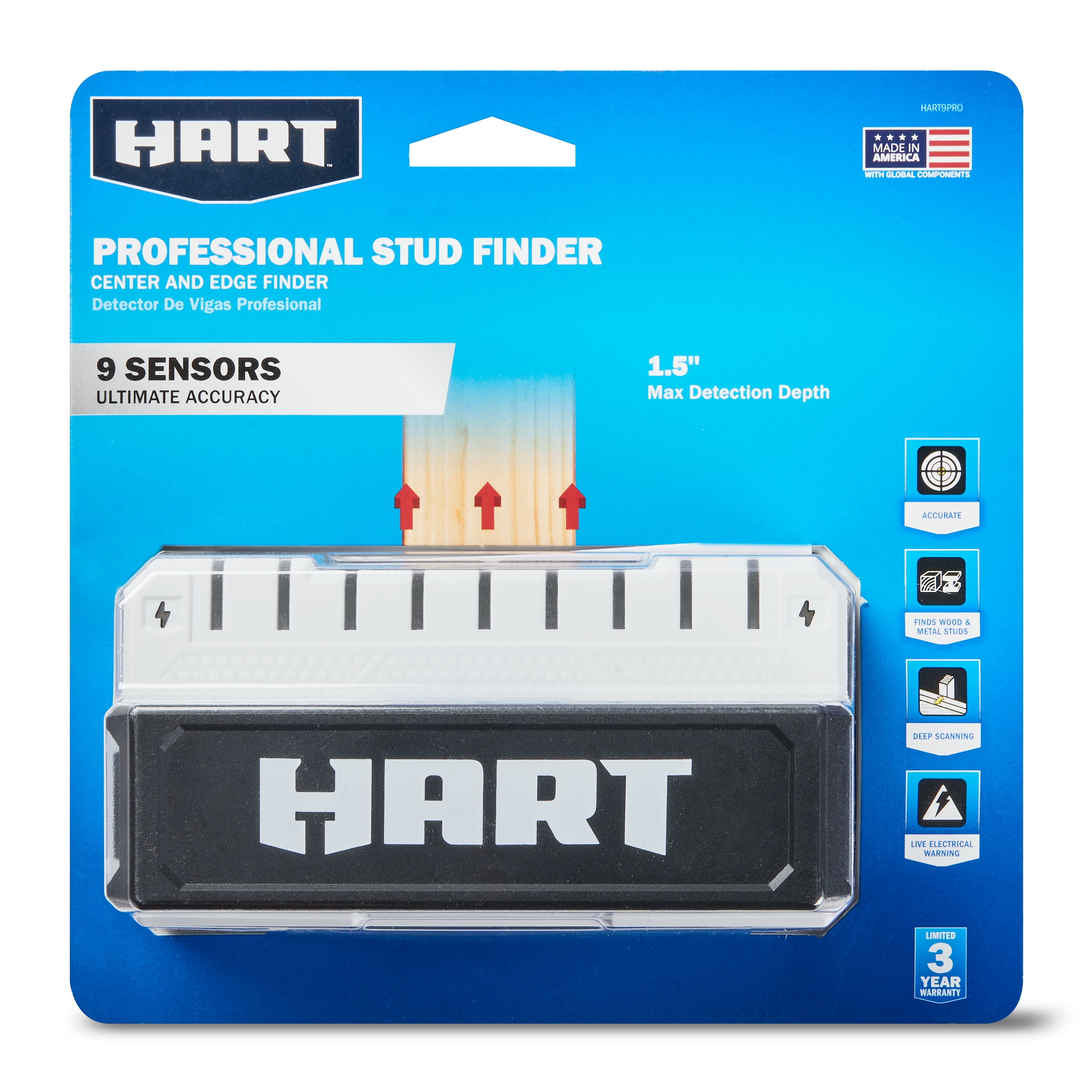 HART Professional 9 LED Stud Finder with Live Wire Meter, AAA Battery  Powered, Not Included, Assembled Product Weight Is 0.33125 lb. 