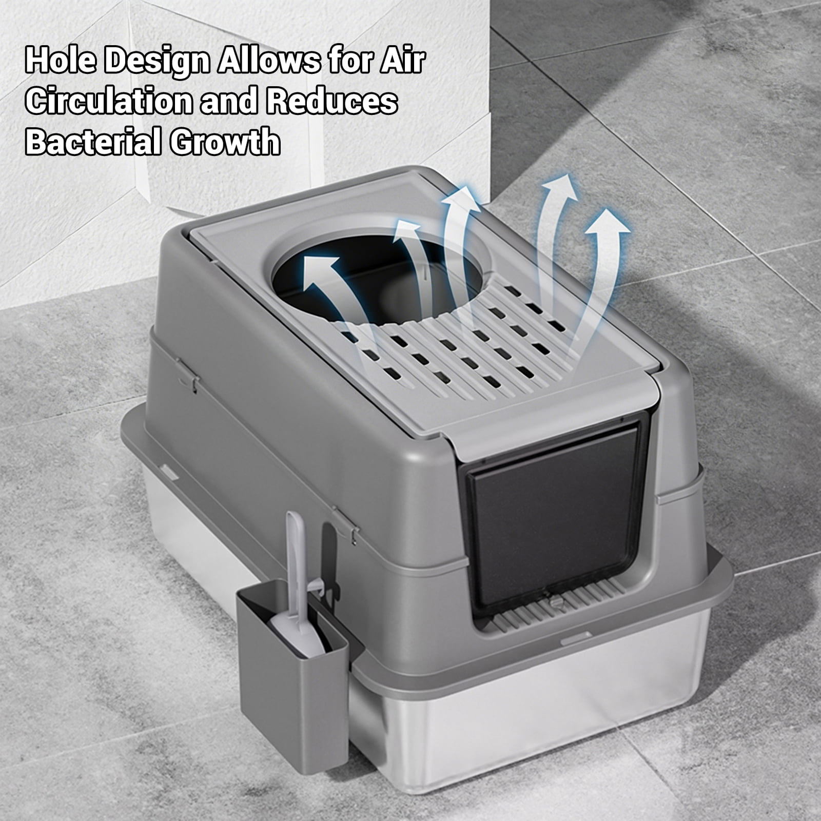 Extra Large Stainless Steel Cat Litter Box with Dual Entry – 180° Flip Top Lid, Enclosed Design for Odor Control & Privacy, 23.62” l x 15.75” w x 17.13” h, Ideal for Large Cats & Multi-Cat Households