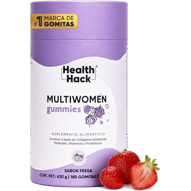 Multiwomen Gummies Suplemento Alimenticio Health Hack con 27 Ingredientes Vitaminas Minerales Myo-Inositol Biotina y Probióticos Sabor Fresa 180 Gomitas
