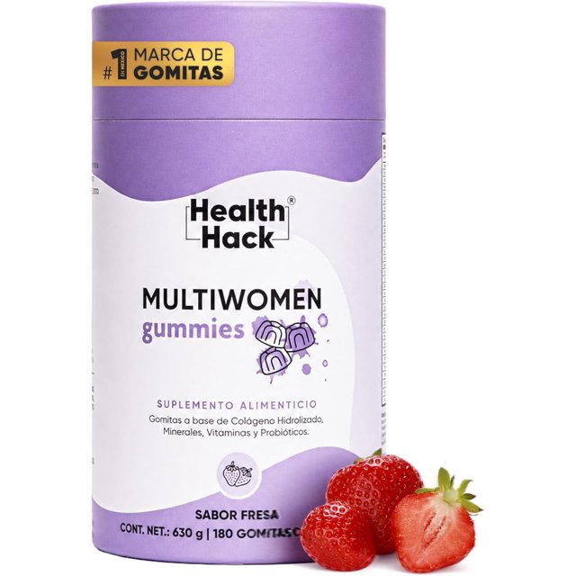 Multiwomen Gummies Suplemento Alimenticio Health Hack con 27 Ingredientes Vitaminas Minerales Myo-Inositol Biotina y Probióticos Sabor Fresa 180 Gomitas