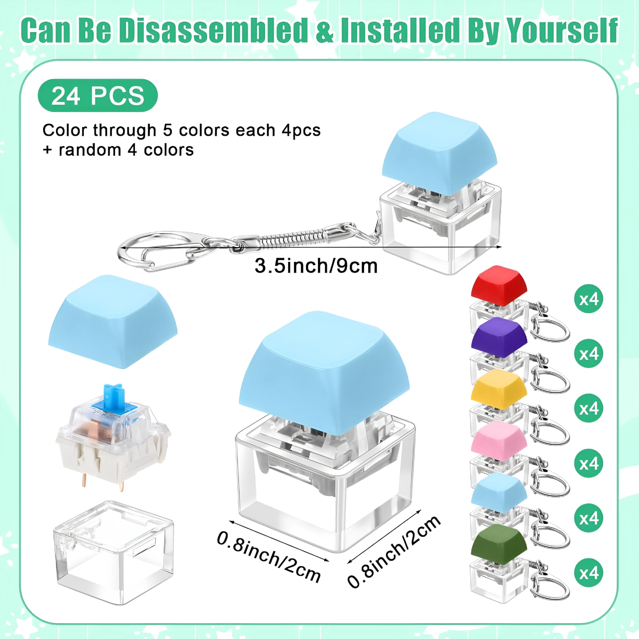 CYFW 24 Pcs Keyboard Fidget Toys Keyboard Fidget Keychains for Adults Finger Keycap Decompression (Bright Colors)