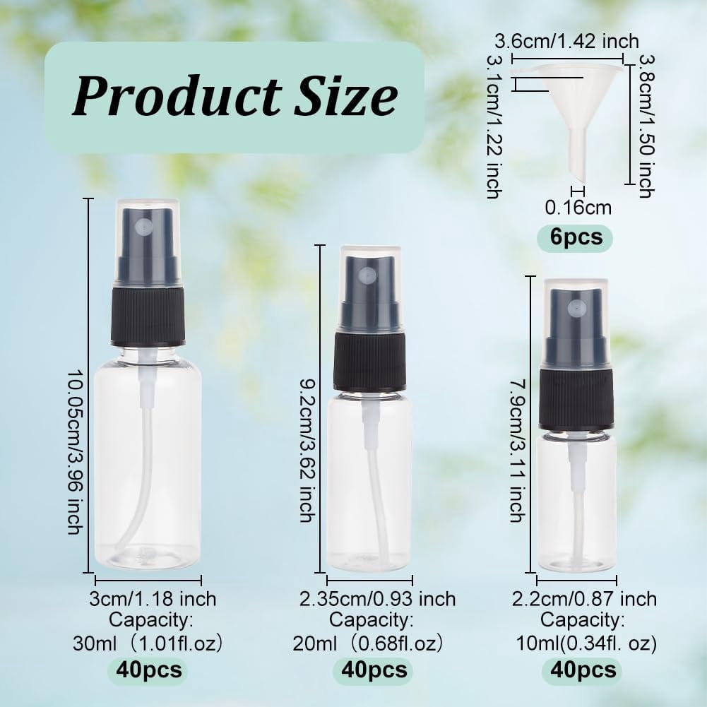 120Pcs Plastic Travel Spray Bottles 0.3oz/10ml 0.7oz/20ml 1oz/30ml Mixed Capacity Mini Travel Bottle Set with 6pcs Funnels Refillable Liquid Containers for Essential Oils Toners Carrying DIY