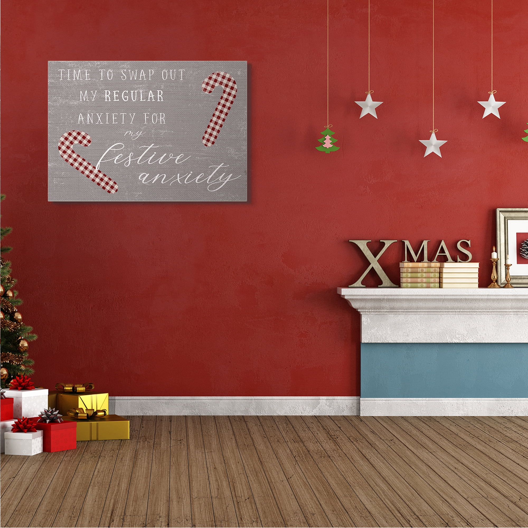 Stupell Industries Festive Anxiety Time Chistmas Saying Plaid Candy Canes Inspirational Painting Gallery Wrapped Canvas Art Print Wall Art, 30 x 40