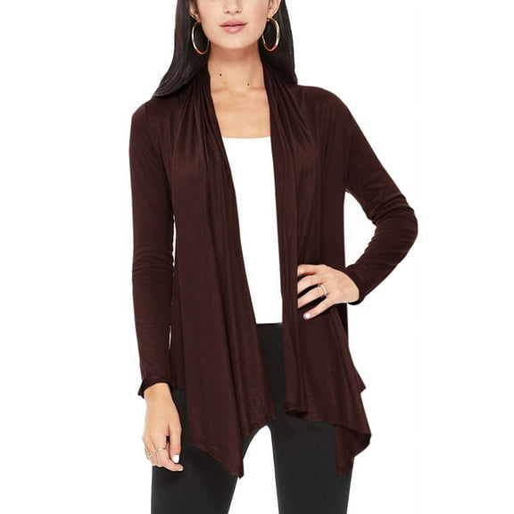 Moa Collection Women's Long Sleeve Relaxed Loose Fit Draped Neck Open Front Waist Length Solid Cardigan