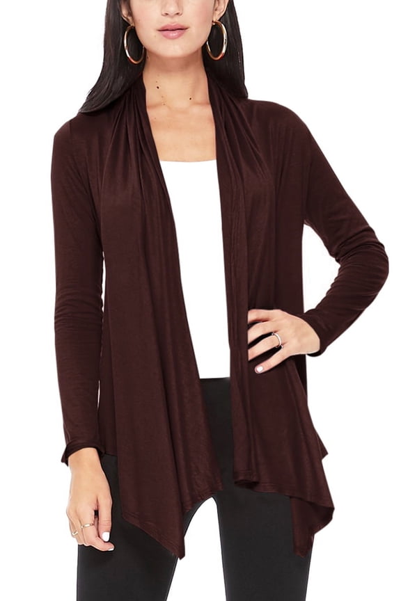 Moa Collection Women's Long Sleeve Relaxed Loose Fit Draped Neck Open Front Waist Length Solid Cardigan