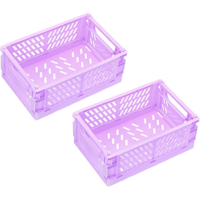 PATIKIL Collapsible Basket, 2 Pcs 10 x 6.5 x 3.9 Inch Stackable Storage Crates Foldable Plastic Baskets Desk Organizing Container for Home Kitchen Office, Purple