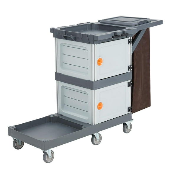 Soonbuy Commercial Janitorial Cart, Cleaning Cart for Housekeeping, Rolling Housekeeping Cart with 2 Tool Cabinets, Oxford Bag, Open Shelves, Hooks, Utility Cart Service Cart for Home Office