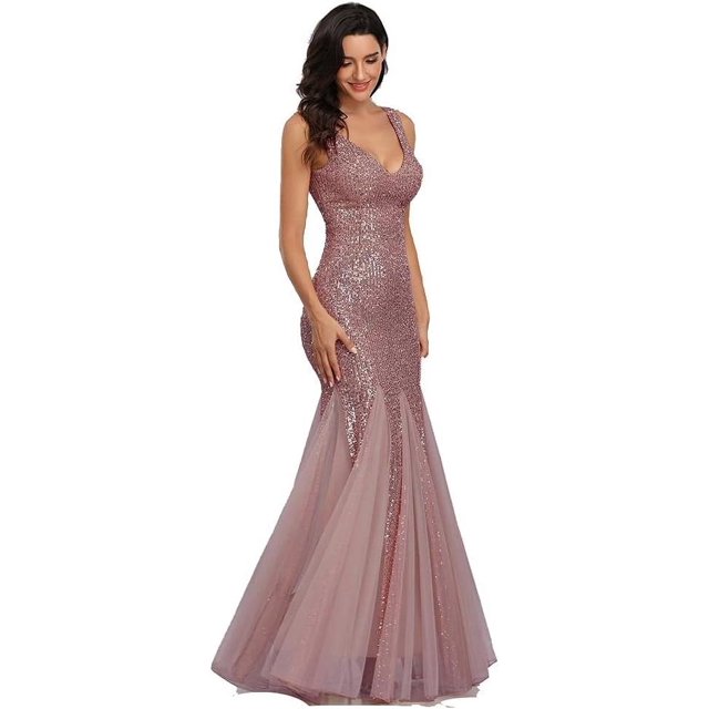Robes de Soirée Formelles à Paillettes Sirène Longues Sans Manches Col en V Double