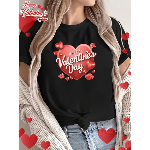 Camiseta con estampado gráfico de San Valentín - 100 % algodón, cuello redondo informal, manga corta, tejido elástico para todas las estaciones, ideal para adultos, hombres, mujeres, adolescentes y j