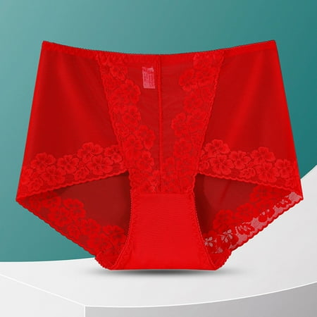 YWDJ Panties for Women Breathable Lace Lightweight High Waist No Show Solid Color High Waisted Mesh Breathable and Sexy Lace Hollow Underwear Panties Red L