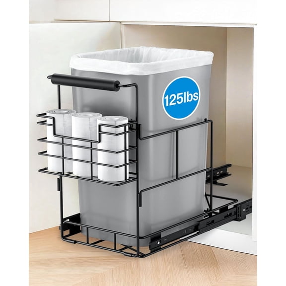 Pull Out Trash Can Under Cabinet, Under Sink Trash Can Kit for 7.5-10 Gallon with Garbage Bag Holder, Heavy Duty Steel Frame, Holds Up to 125 lb, Easy to Install (Bin Not Included)