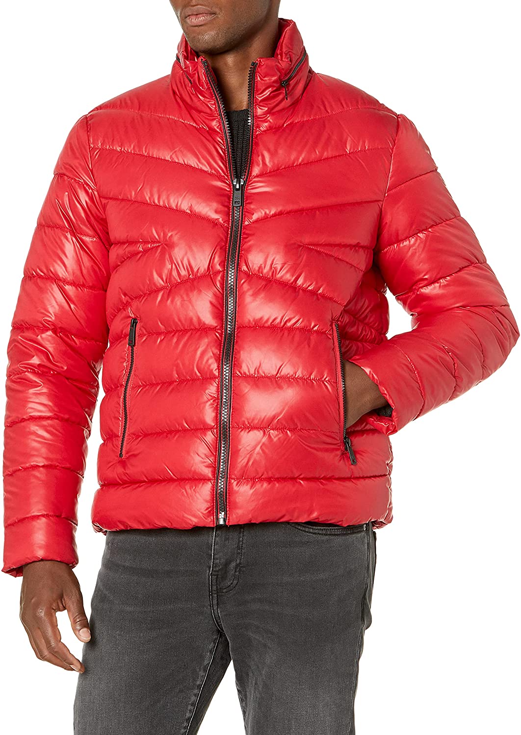 Kenneth Cole New York Men's CF Zip Mixed Quilted Packable Puffer Jacket, Mens, M, Red