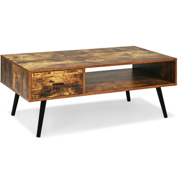 Gymax Mid-Century Modern Wood 1 Drawer Coffee Table, Brown