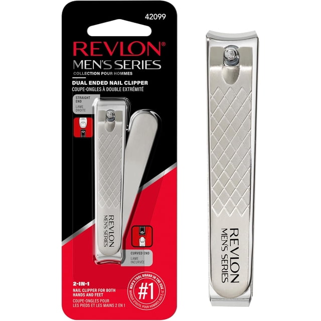 Revlon Dual-Ended Nail Clipper for Men, Straight and Curved Edges, For Fingernail and Toenail Trimming, Stainless Steel, 1 count