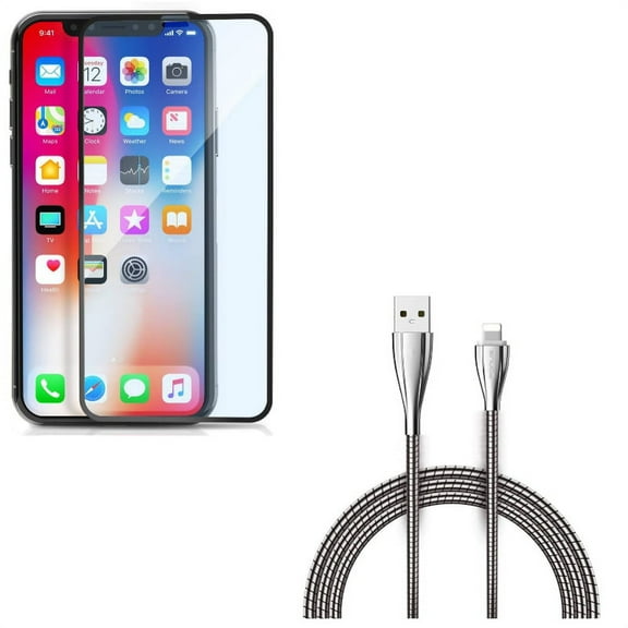 iPhone XS/X - Anti-Glare Screen Protector w 6ft Metal USB Cable - Tempered Glass Matte 3D Curved Edge Anti-Fingerprint Case Friendly, Charger Cord Power Wire Braided Long Sync
