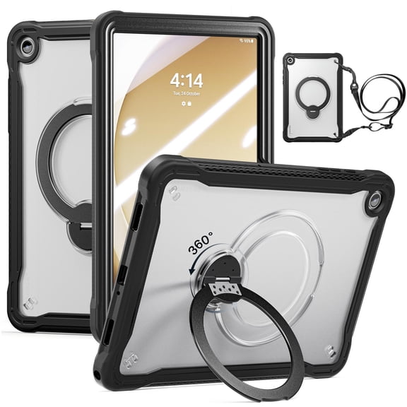 ELEHOLD Rugged Case For Samsung Galaxy Tab A11 2025 11-inch With Built-in Screen Protector, Shockproof 360° Rotating Hand Grip Stand Matte Protective Cover With Strap,Black