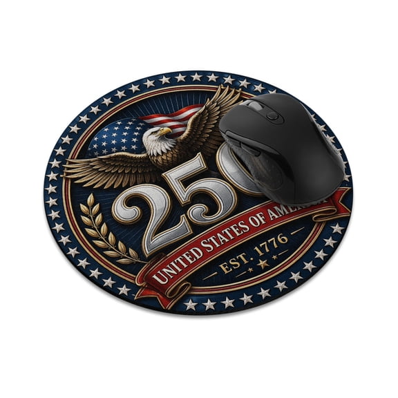 WIRESTER 7.88 in Round Mouse Pad with Non-Slip Rubber Base for Computers, Laptop, Office & Home - Patriotic American Flag Eagle 250th Anniversary USA 1776-2026 Freedom Design
