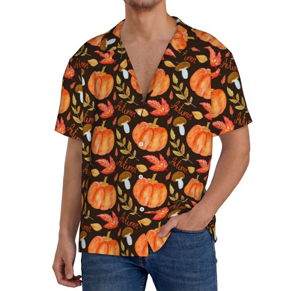 Logiee Autumn Pumpkin Print Men's Button Down Shirts Short Sleeve, Summer Beach Shirts,Vacation Wedding Shirts,Men's Casual Button-Down Shirts with Pocket-Small