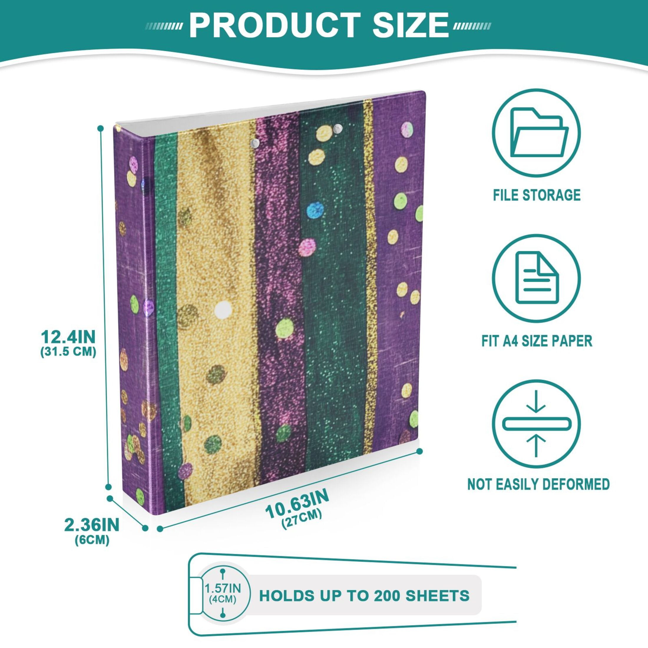 Mardi Gra Strapes 3 Ring Binders 1.5 inch Hardcover File Folders with Interior Pockets A4 Size Organizer for School Office Hospital Set of 2
