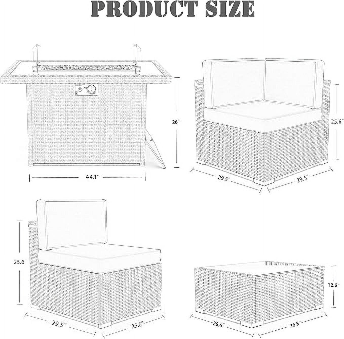 LayinSun 8 Piece Patio Furniture Set with 44" Propane Gas Fire Pit Table, Outdoor Sectional Conversation Set Wicker Rattan Sofa Set with Coffee Table