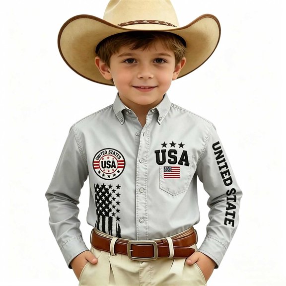 Boys Vintage Western Style Button Down Shirts, Kids USA Flag Embroidery Print Long Sleeve Collared Casual Top for Independence Day Holiday Wear(White,8-9 Years)