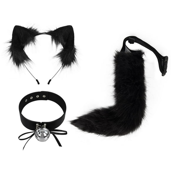 Runquan Animals Ears and Tail Cat Ears Hair Band Lolita Cosplay Bell Necklace Choker Black