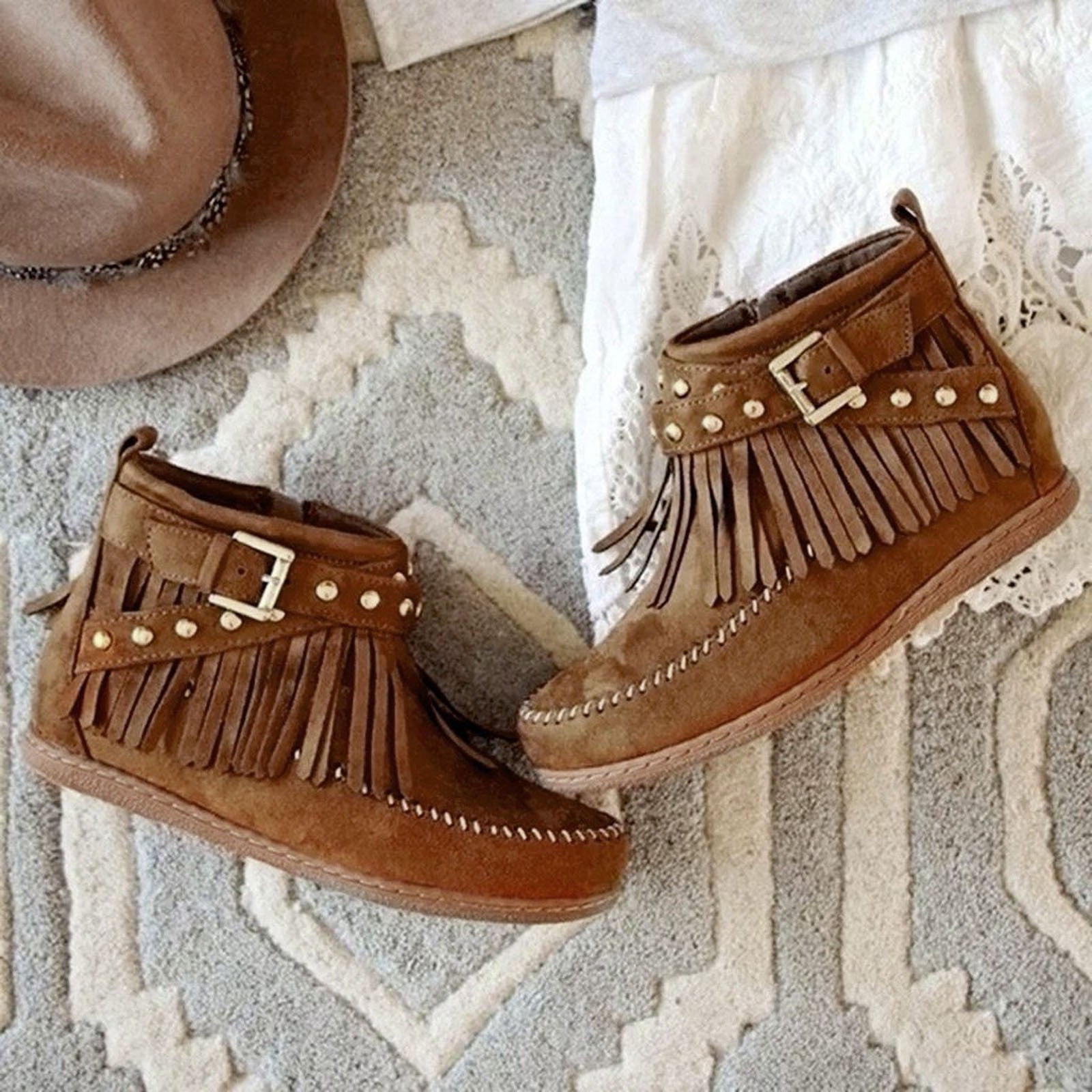nsendm Female Shoes Adult Tan Boots for Women Flat Short Shoes Tassel Zipper Flat Color Booties Women's Boots Women Rain Boot Brown 8
