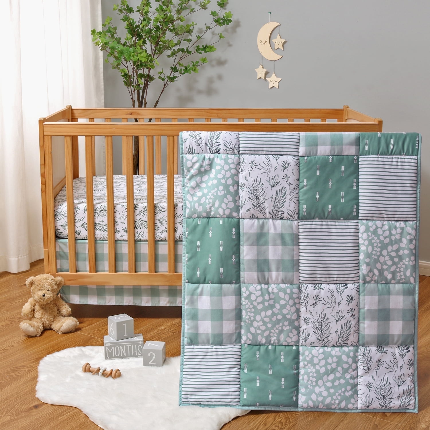 The Peanutshell Nursery Crib Bedding Set for Baby Girls and Boys, Sage, 3 Pieces