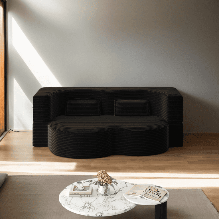 Firscook Full Size Folding Sofa Bed with 2 Pillows, 15" Convertible Corduroy Sleeper Couch, Foam-Filled Foldable Mattress, No Assembly,Black