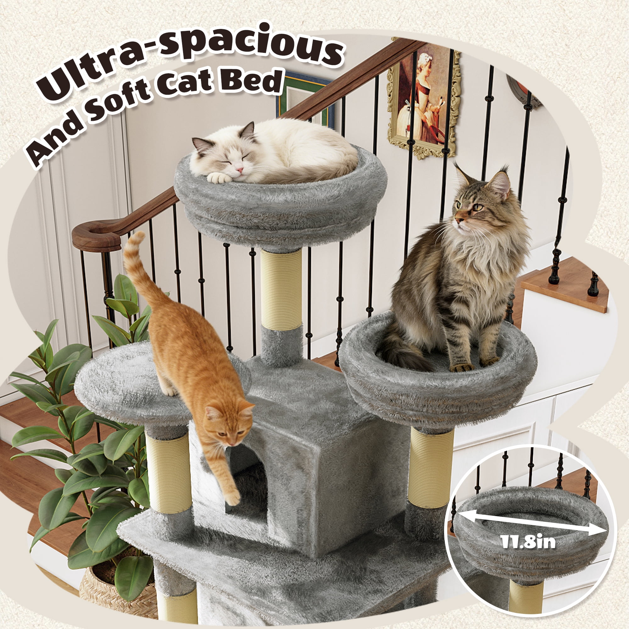 Multi-Level Cat Tree, 2 Condos, 3 Perches & Hanging Hammock, Natural Sisal Scratching Posts, Short Plush, Stable Structure for Kittens to Senior Cats & Multi-Cat Homes