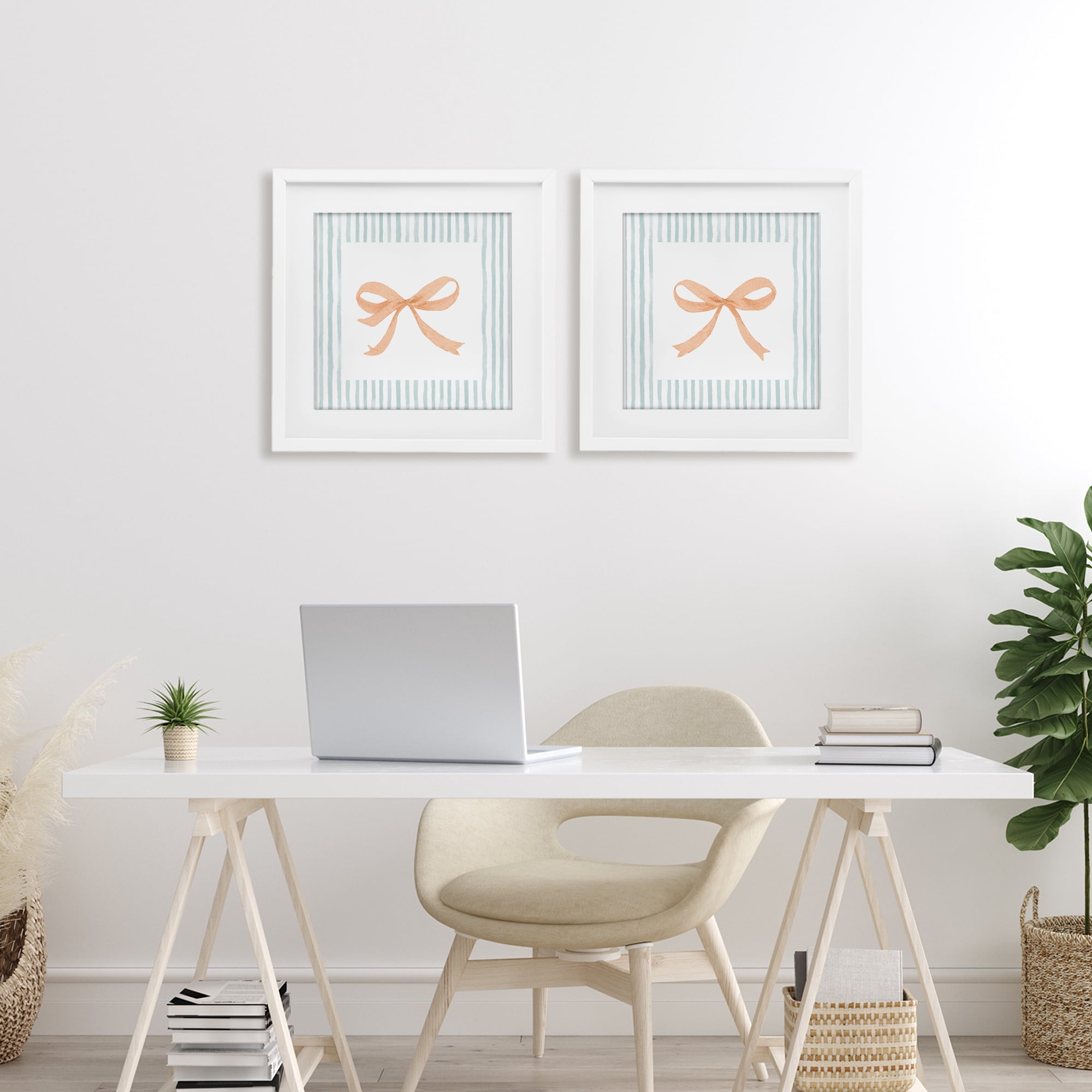 Stupell Industries Orange Bows and Blue Stripes 2 Piece White Framed Print Under Glass Set, design by Patricia Pinto