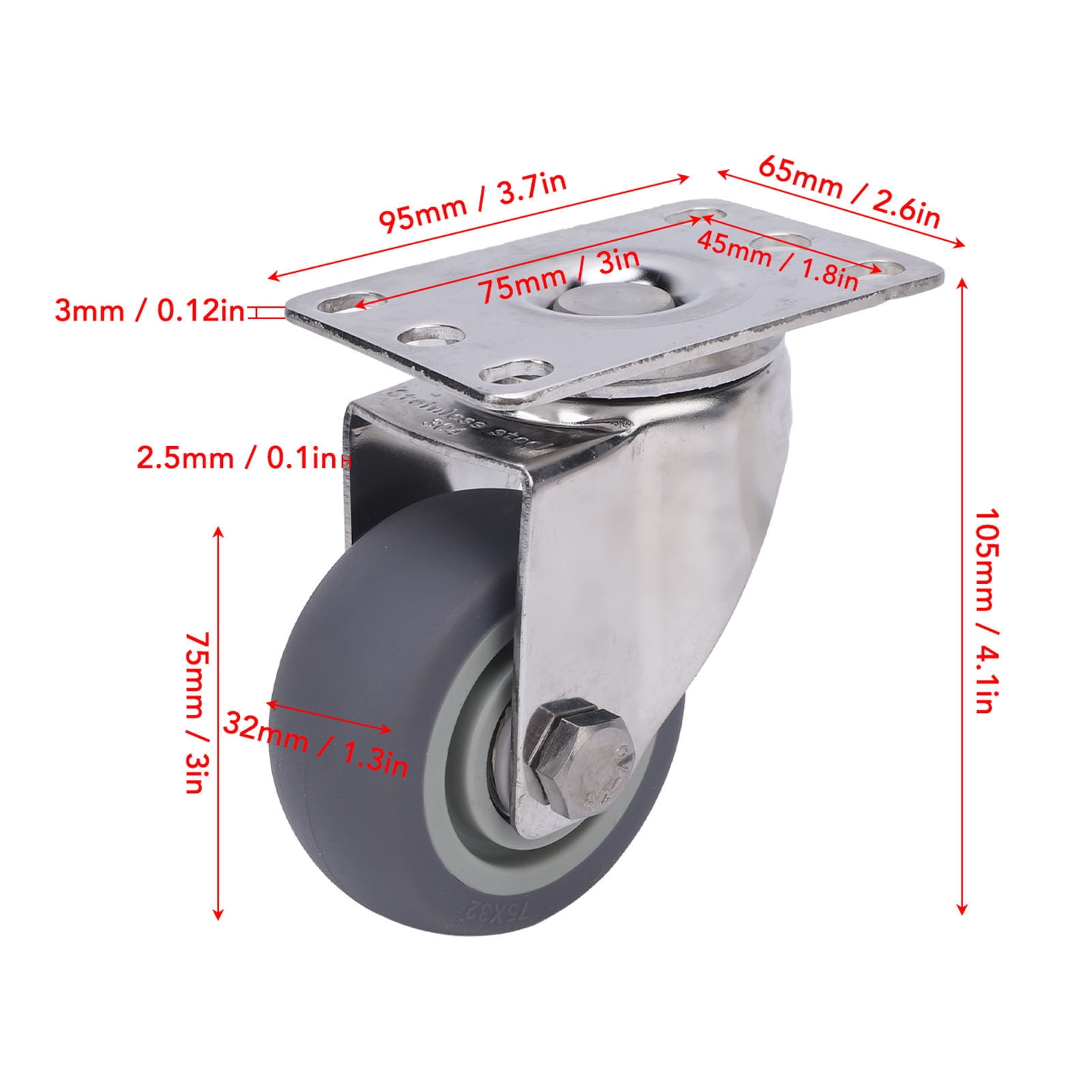 BIMZUC 3 Inch Swivel Caster Wheels 304 Stainless Steel Plate TPR Quiet Rotating Universal Replacement for Cart Furniture Workbench Material Handling Equipment Trolley Heavy Duty, 1 Piece