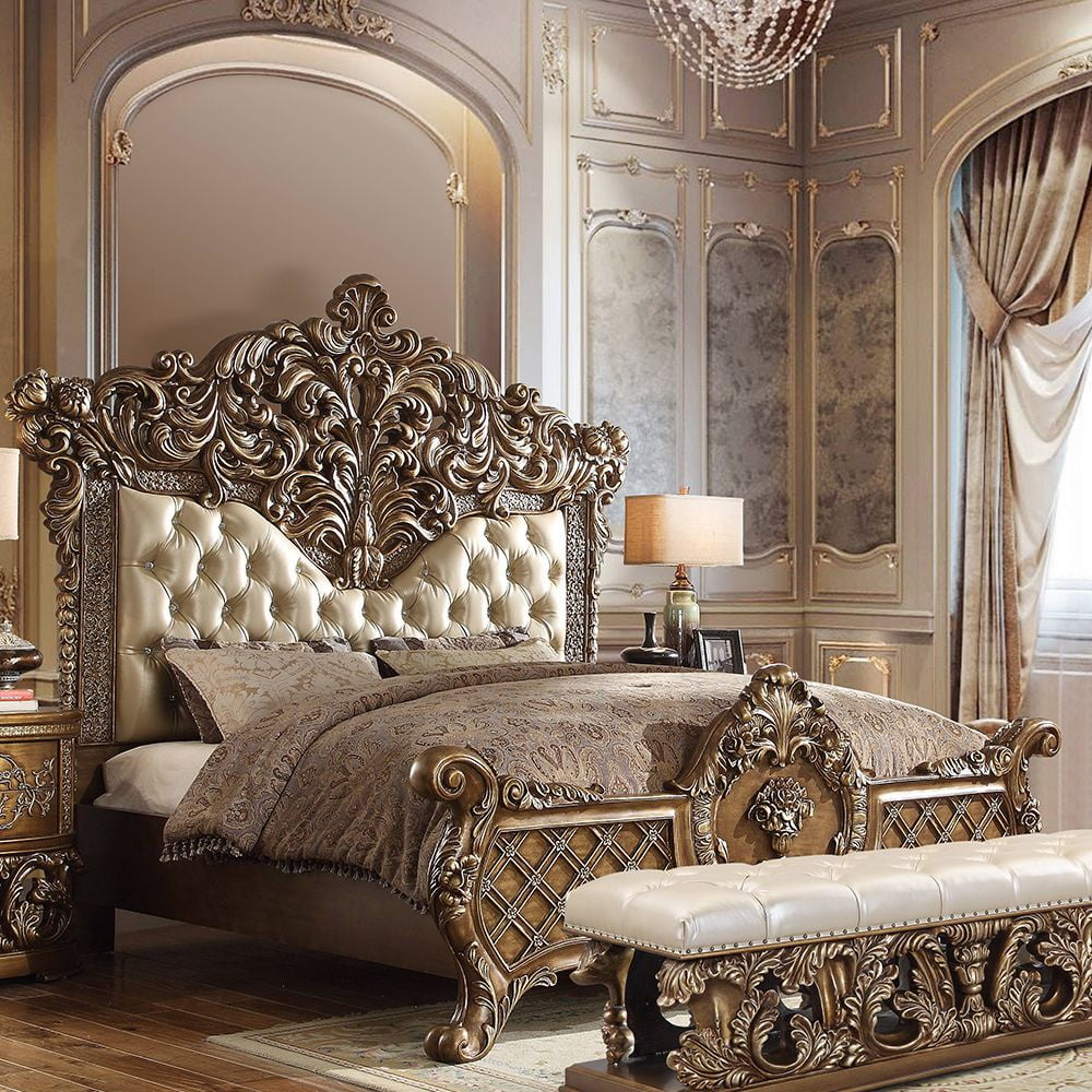 Acme Constantine Eastern King Bed Synthetic Leather, Light Gold, Brown & Gold
