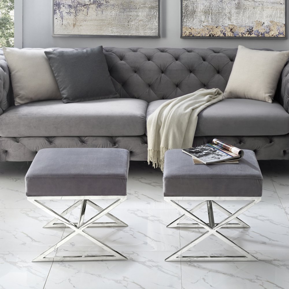 Inspired Home Amelia Velvet Ottoman XLeg Chrome Base, Grey Walmart