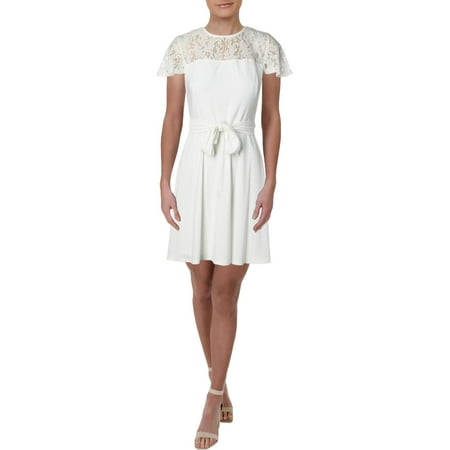 Lauren Ralph Lauren Womens Petites Alie Lace Yoke Short Sleeve Party Dress