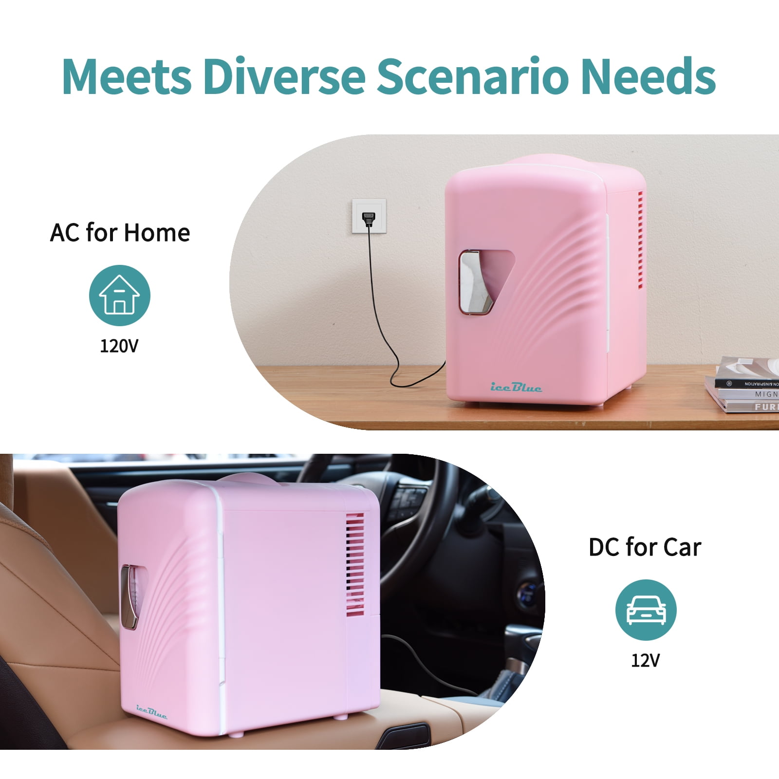 Iceblue Personal Mini Fridge, New Pink Beverage Cooler for Home and Car