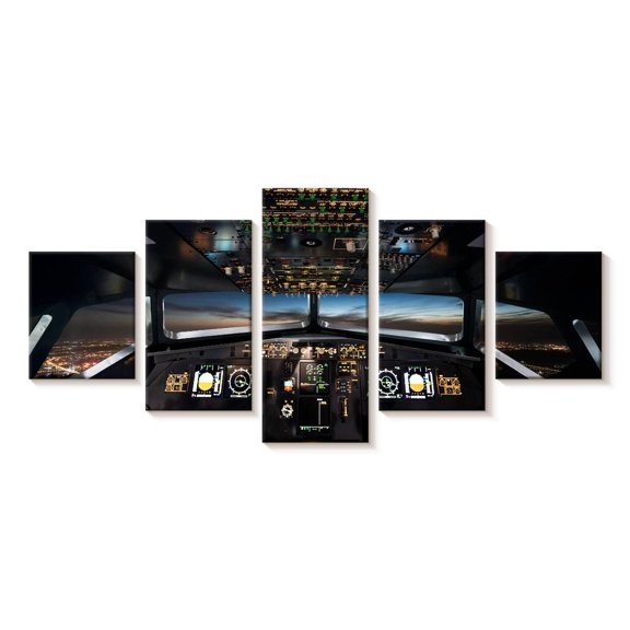 Elephant Stock Plane Cockpit Controls Wall Art - Horizontal Multi Panel Canvas - Living Room Wall Decor - Transportation Multi Panel - Black And Gray Decor - 29" x 12"