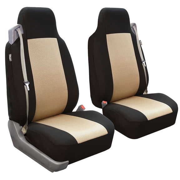 FH Group Integrated / Built-In Seatbelt Compatible High Back Seat Covers, Beige and Black, Pair