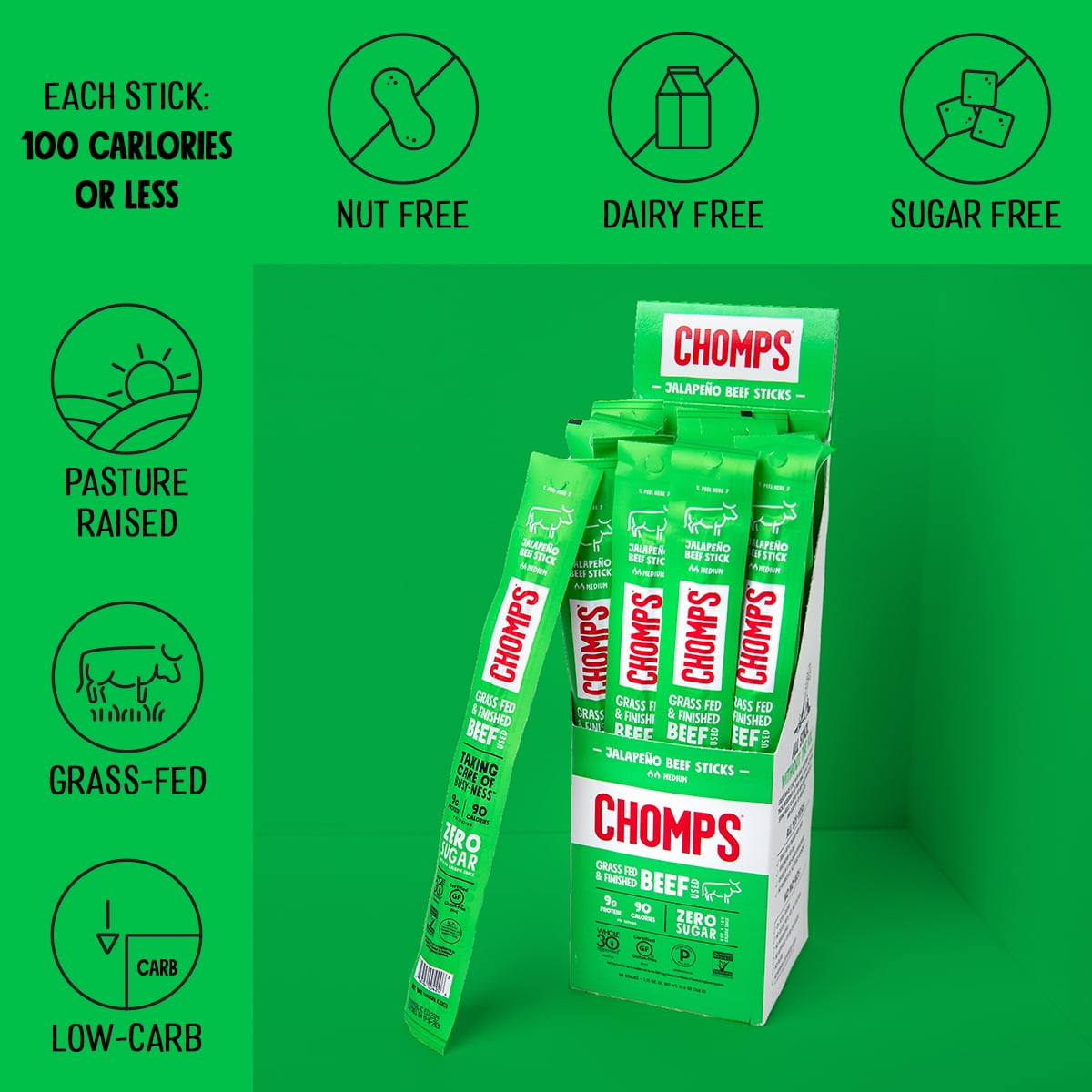 Chomps Grass-Fed And Finished Jalapeno Beef Snack Sticks (24 Count)