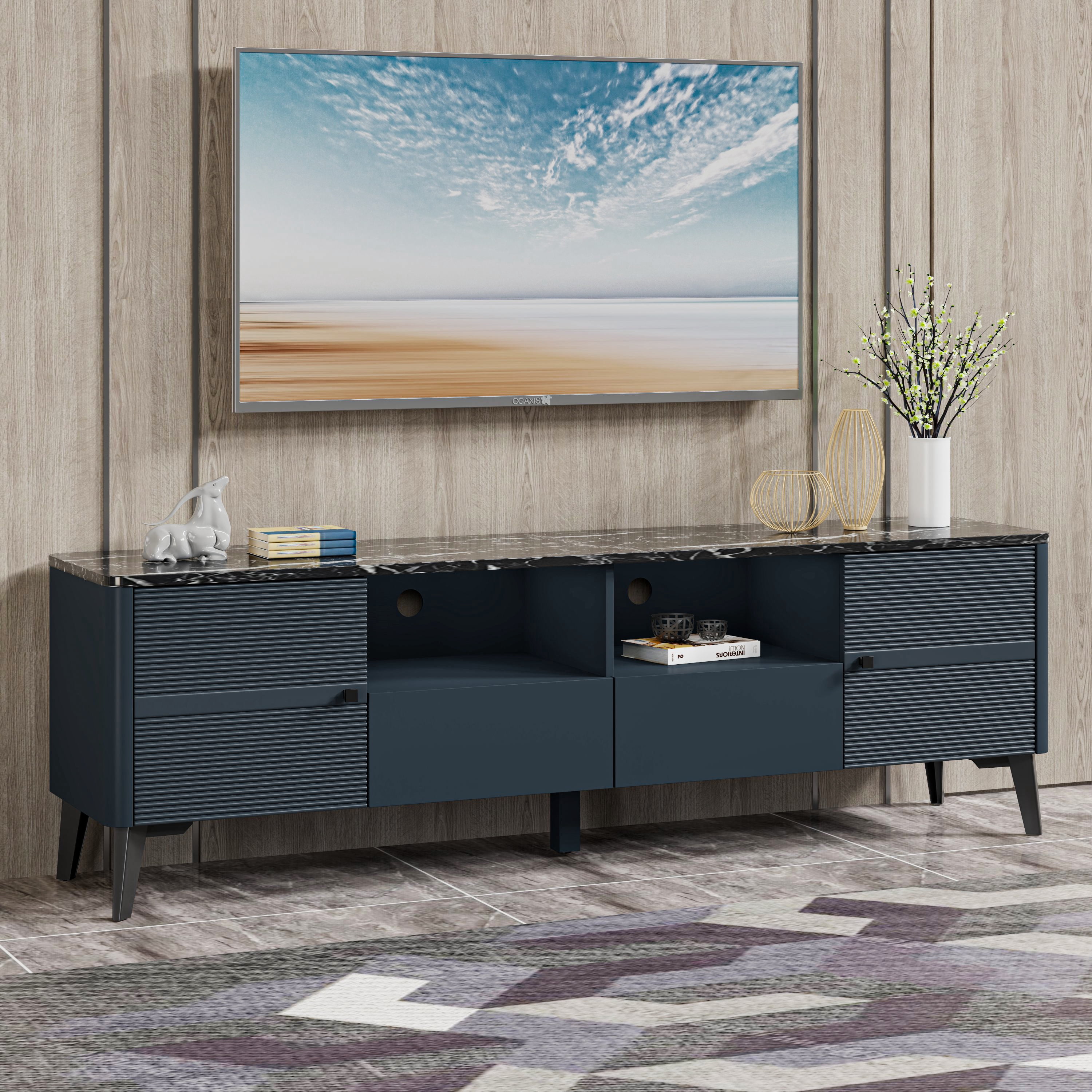 Joy River 70" Entertainment Center with Storage, Urban Blue Finish, Fits 60-75 inch TV, Built-in Cable Management & Adjustable Shelves,Navy