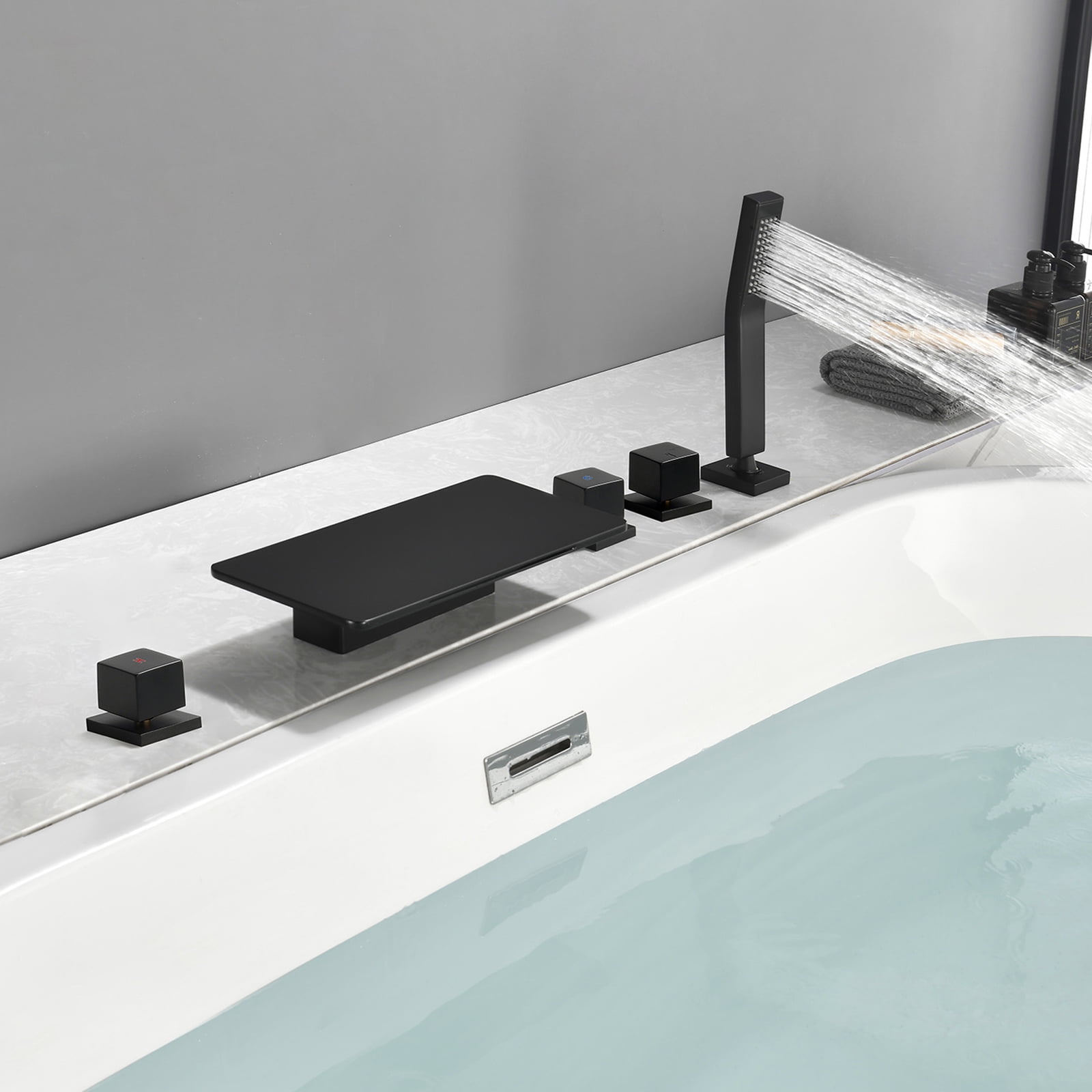 Cobbe 5-Hole Mount Matte Black Waterfall Bathroom Bathtub Faucet Set with 11.02-Inch Wide Bathtub Spout, Handheld Sprayer