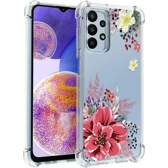 for Samsung Galaxy A23 Case Clear Transparent Reinforced Corners TPU Shock-Absorption Flexible Cell Phone Cover for Samsung Galaxy A23 5G/4G(Red Flower)