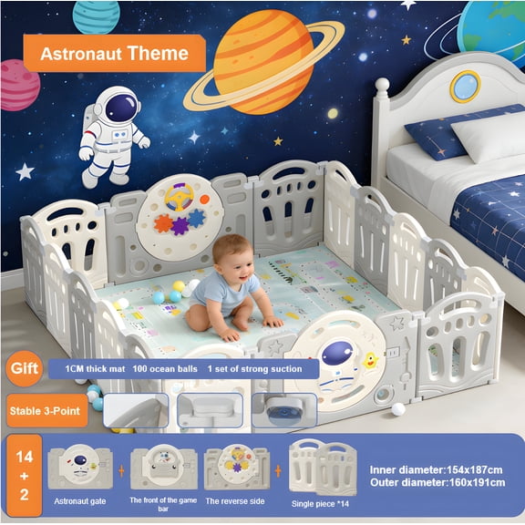 Portable Baby Playpen,Stable Baby Playard with 14 Panels & 2 Game Doors,Fence Baby Play Yards for Indoor & Outdoor for Babies and Toddlers,Grey&White