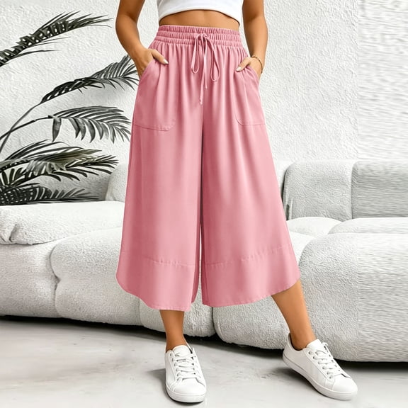 Cagogo Women Plus Size Wide Leg Capri Pants Elastic Waist Flowy Casual Loose Pockets Summer Lounge Cropped Beach Trousers Solid Fashion Clothes, Pink L