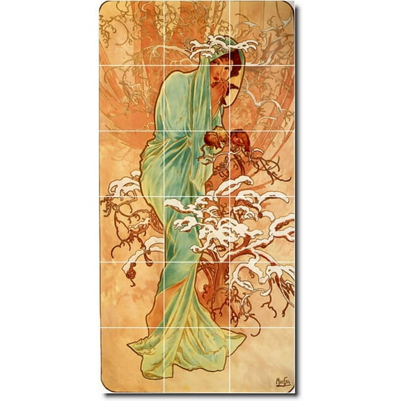 Ceramic Tile Mural-Alphonse Mucha Poster Art Shower Tile Mural 29. 12.75" w x 25.5" h using (18) 4.25 x 4.25 ceramic tiles