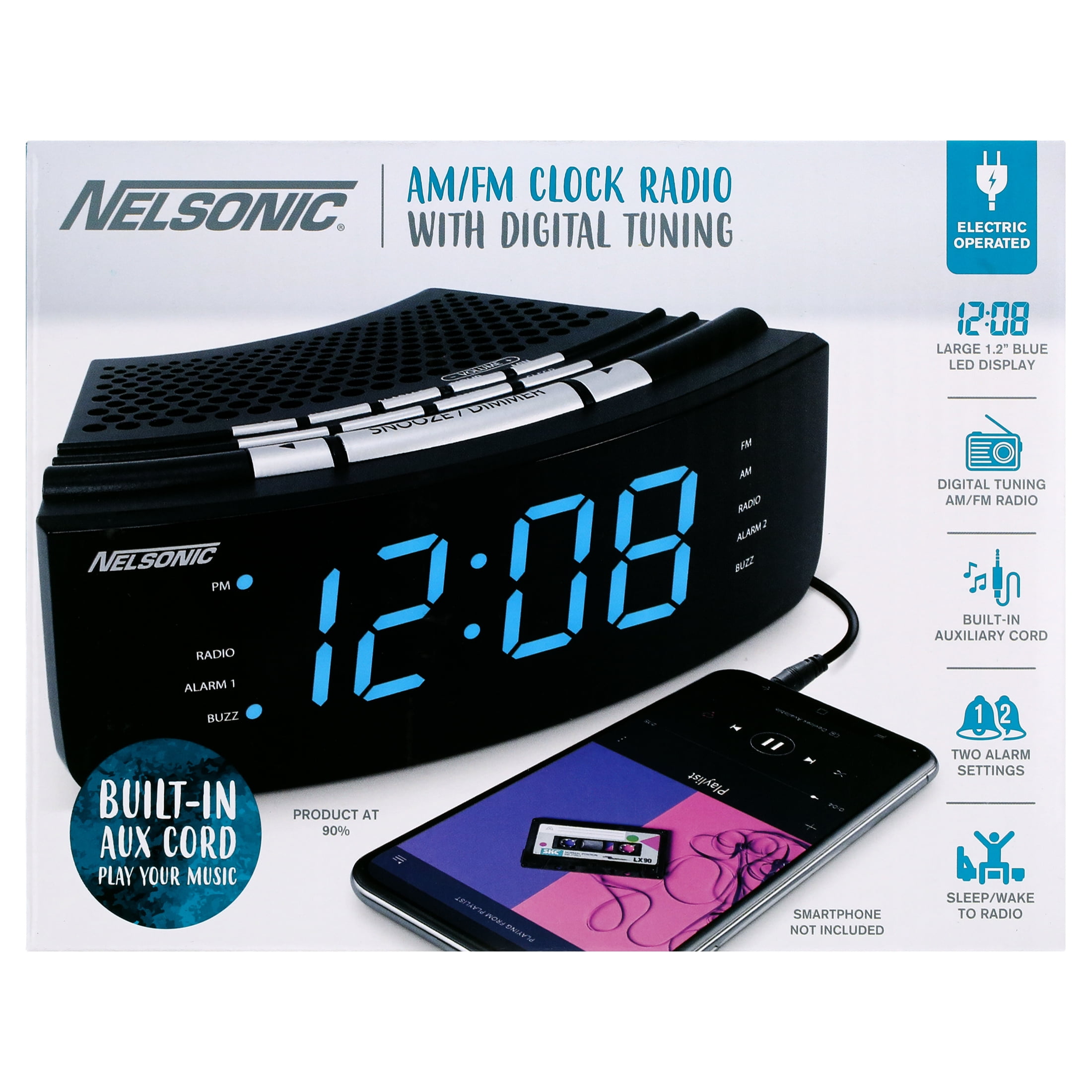 NELSONIC Digital AM/FM Clock Radio with Built in Aux Cord, Black
