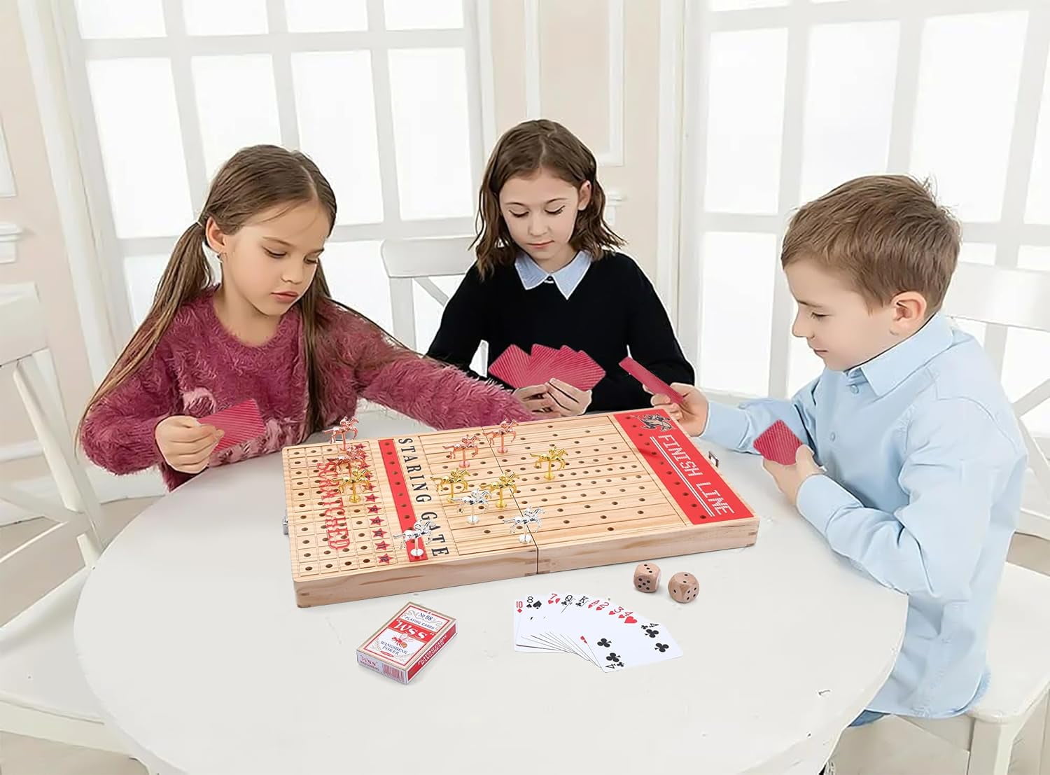 Horse Race Board Game, Horse Racing Game, Board Game Set Foldable and Portable with 2 Sets of Cards, 2 Dice, and 12 Metal Horses (1-Pack)